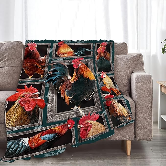 Rooster Chicken Throw Blanket, 60"x50", Multicolor, 100% Polyester Microfiber, Wrinkle Resistant, Colorfast, Unisex Adult, Perfect for Couch, Bed, Camping, Reading, Napping