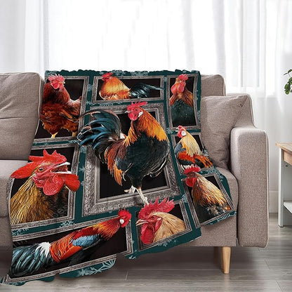 Rooster Chicken Throw Blanket, 60"x50", Multicolor, 100% Polyester Microfiber, Wrinkle Resistant, Colorfast, Unisex Adult, Perfect for Couch, Bed, Camping, Reading, Napping