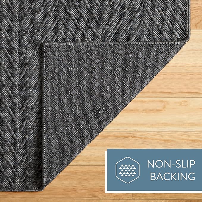 TOWN & COUNTRY BASICS Pax Herringbone Textured Solid Everwash® Washable Runner Area Rug, Low Pile, Non-Slip Backing, Easy Clean Pet & Family Friendly Rug, Dark Grey, 2'5"x10'2"