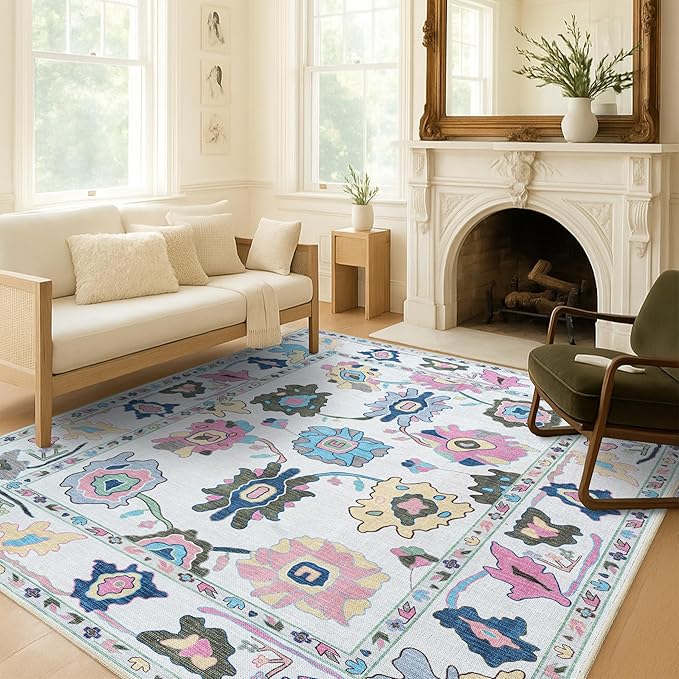 Fame Living Colorful Oushak Rug, Modern, Vintage, Turkish, Eclectic, Floral, Pastel, Washable, Extra Large Area Rugs for Living Room, Dining, Bedroom, Lounge, 9'x12'