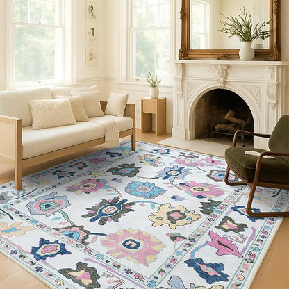 Fame Living Colorful Oushak Rug, Modern, Vintage, Turkish, Eclectic, Floral, Pastel, Washable, Extra Large Area Rugs for Living Room, Dining, Bedroom, Lounge, 9'x12'