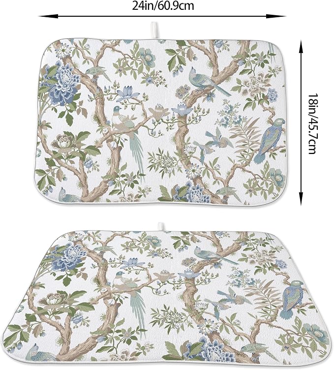 Blue Green Floral Bird Dish Drying Mats 18x24 Inch Blue Green Vintage Flowers - Image 2