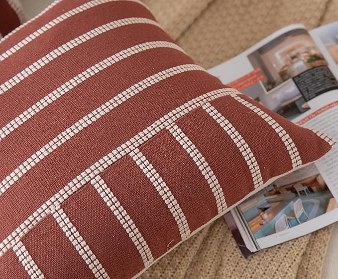 Caflife Boho Fall Throw Pillow Covers 18x18 Set of 2 Soft Farmhouse Decorative Couch Pillow Cases Rust Striped Pillow Covers Neutral Cushion Covers for Sofa Bed Living Room Home Decor