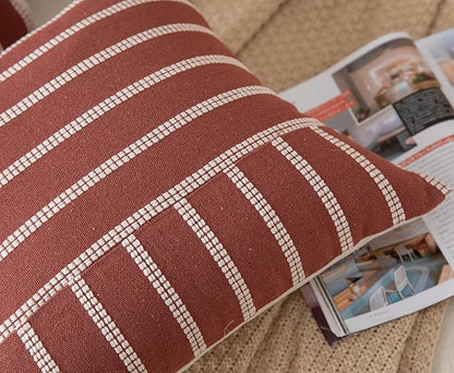 Caflife Boho Fall Throw Pillow Covers 18x18 Set of 2 Soft Farmhouse Decorative Couch Pillow Cases Rust Striped Pillow Covers Neutral Cushion Covers for Sofa Bed Living Room Home Decor