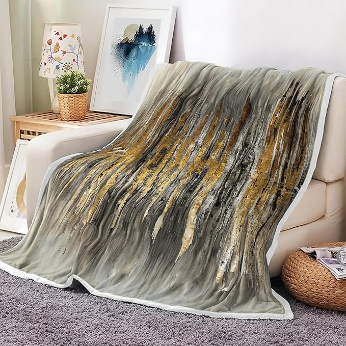 Abstract Throw Blankets, Modern Gray Gold crackNon Cozy Warm Bed Couch Blanket, Stripe Contemporary Abstract Painting White Fleece Flannel Throws to Decorate The Room and Bedroom