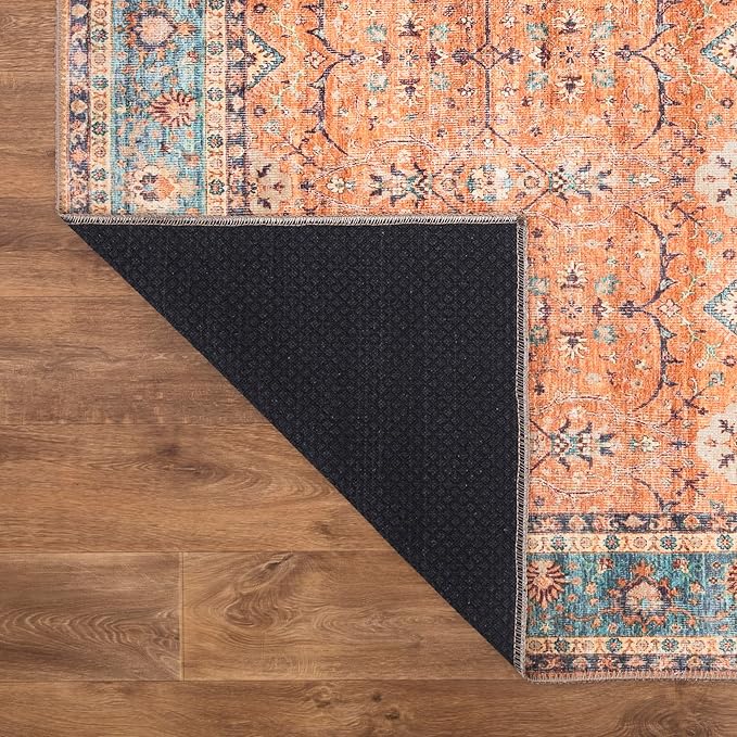 Bloom Rugs Washable Non-Slip 9' x 12' Rug - Orange/Teal Blue Traditional Bordered Area Rug for Living Room, Bedroom, Dining Room, and Kitchen - Exact Size: 9' x 12'