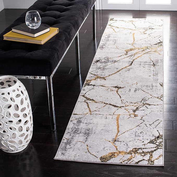 SAFAVIEH Amelia Collection Runner Rug - 2' x 8', Grey & Gold, Modern Abstract Design, Non-Shedding & Easy Care, Ideal for High Traffic Areas in Living Room, Bedroom (ALA293G)