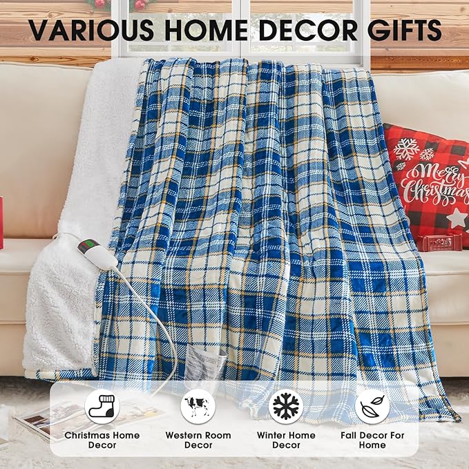 Heated Electric Blanket Full Size,72X84 Heating Blanket with 10 Heats Levels&8 Hours Auto Off&Timer,Green Plaid Soft Cozy Sherpa Blankets Warmer Gifts for Grandma Women Adult,Fast Heating Washable