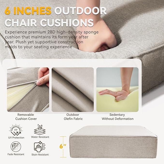 Outdoor Cushion Set for Furniture Patio Furniture, UV Resistant, Water Resistant - 6 Inch Thick Foam Garden Cushions– 24x24 Inch Patio Seat Covers for Chair/Sofa/Couch | Beige | 3-Pack |
