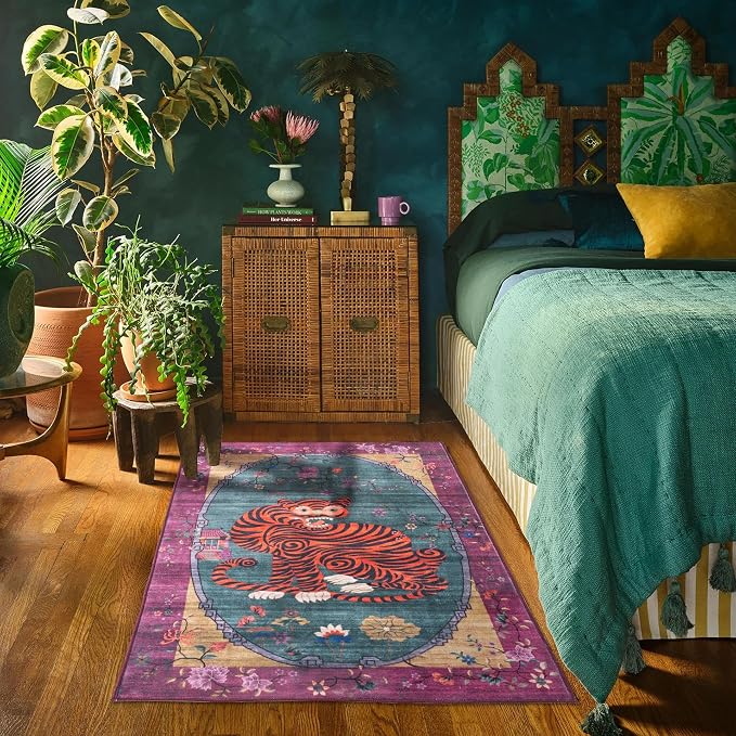 Tiger Rug Washable 3x5 ft Oriental Traditional Animal Print Vintage Fuchsia - Image 7