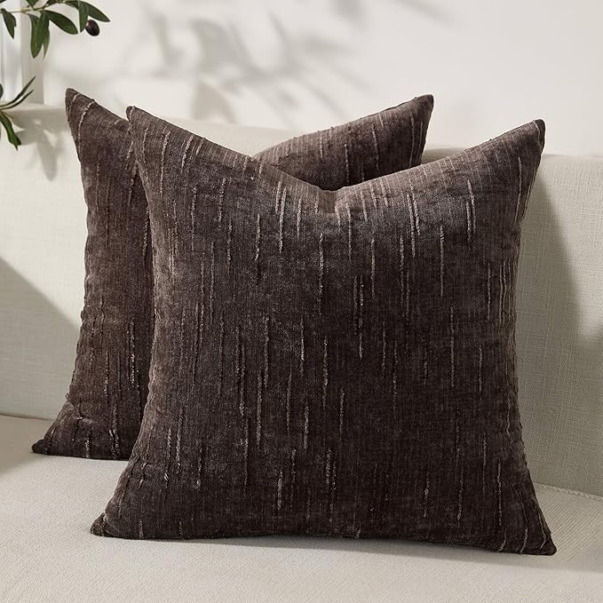 Set of 2 Soft Textured Throw Pillow Covers 16x16, Invisible Zipper Neutral Cushion Cases, Easy - Care Decorative Farmhouse Decor for Living Room Couch (Dark Brown, 16" x 16" (Pack of 2))