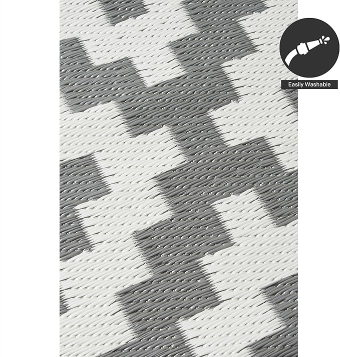 FH Home Outdoor Rug - Waterproof, Fade Resistant, Reversible - Premium Recycled Plastic - Geometric - Porch, Deck, Balcony, Mudroom, Laundry Room, Patio - Aztec - Gray & White Crease Free - 3 x 5 ft