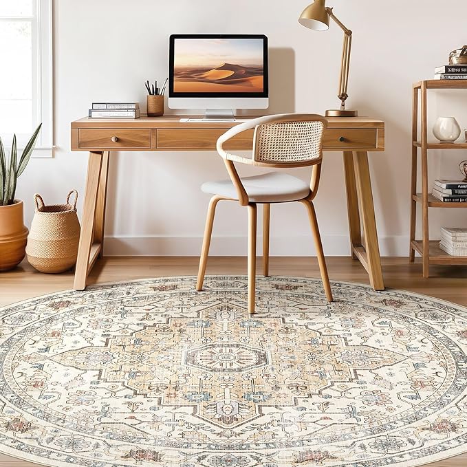 Round Rug Living Room Rugs: 6Ft Washable Boho Neutral Large Circle Soft Indoor Floral Stain Resistant Floor Farmhouse Carpet for Bedroom Nursery Kids Playroom Office Dining Room Dorm Home- Cream Blue