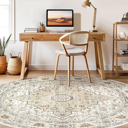 Round Rug Living Room Rugs: 6Ft Washable Boho Neutral Large Circle Soft Indoor Floral Stain Resistant Floor Farmhouse Carpet for Bedroom Nursery Kids Playroom Office Dining Room Dorm Home- Cream Blue