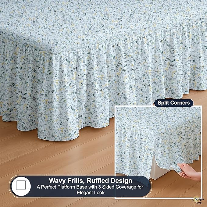 Cottington Lane Ruffled Bed Skirt Full Size with Split Corner, Brushed Microfiber Hotel Quality Dust Ruffle, 24 Inch Drop Gathered Bedskirt, Soft, Stylish, Shrink & Fade Resistant, Garden Bloom