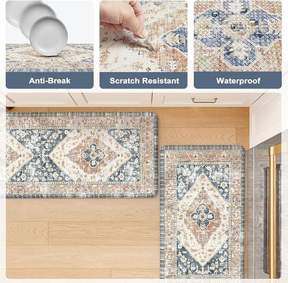 KIMODE Kitchen Rugs and Mats 2PCS Cushioned Anti Fatigue Kitchen Mat Non-Skid Waterproof Kitchen Runner Rug for Kitchen Decor,Floors,Office,Laundry,Blue and Gold