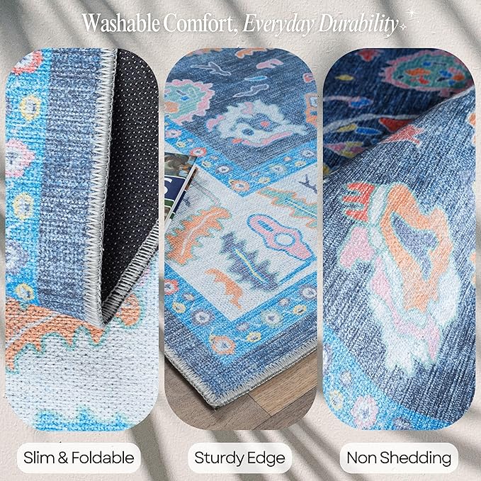 Fame Rugs Blue Modern Oushak Rug 6x9, Vintage Turkish Colorful Oriental Antique Inspired Washable Large Area Rugs, Luxury Living Room Bedroom (387BNB, 6' x 9')
