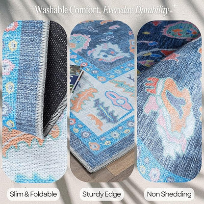 Fame Rugs Blue Modern Oushak Rug 6x9, Vintage Turkish Colorful Oriental Antique Inspired Washable Large Area Rugs, Luxury Living Room Bedroom (387BNB, 6' x 9')