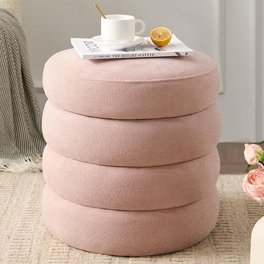 Round Ottoman with Storage Boucle Ottoman Stool Removable Lid by Krcix