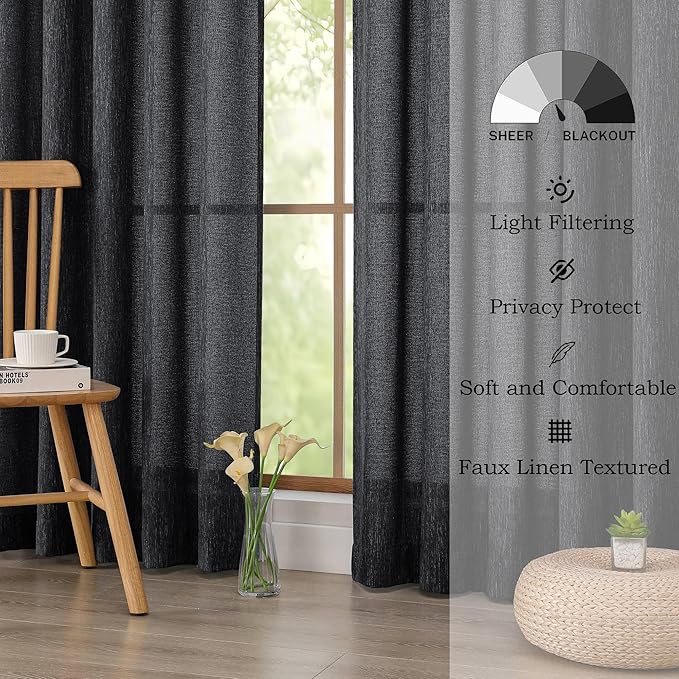 Simplebrand Black Semi Sheer Faux Linen Textured 120 Inches Long Curtains 2 Panels Set, Privacy Farmhouse Window Drapes for Living Room/Birthday Party/Hallway Window Guest Room, 10FT, 50 x 120 Inch