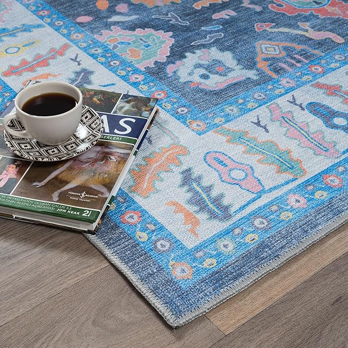 Fame Rugs Blue Modern Oushak Rug 6x9, Vintage Turkish Colorful Oriental Antique Inspired Washable Large Area Rugs, Luxury Living Room Bedroom (387BNB, 6' x 9')