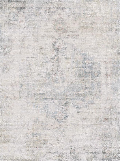 Washable Abstract Modern Area Rug 9x12 for Living Room, Bedroom, Dining Room, Home Office, Low Pile Non Slip Ultra Soft Stain Resistant, Distressed Medallion Decor, Light Blue