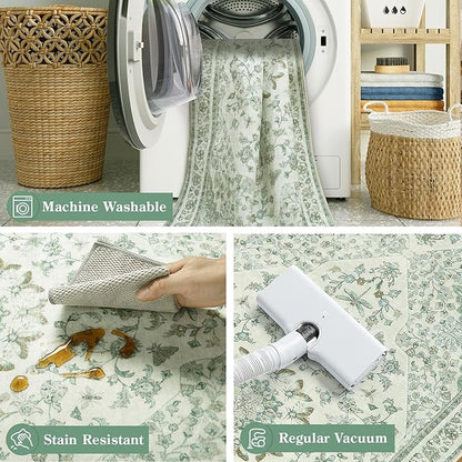 Moynesa Vintage Washable Green Runner Rug for Hallway 2x6, Retro Farmhouse Runner for Entryway Kitchen Bathroom Bedroom, Low Pile Soft Non-Slip Accent Carpets for Indoor Nursery