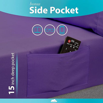 DREAMCARE Twin XL Sheet Sets – 3pcs Cooling Sheets – up to 15” Deep Pocket Twin XL Sheets Set – Hotel Luxury Sheets & Pillowcases – Superior Softness 100% Fine Microfiber with Side Pocket – Purple