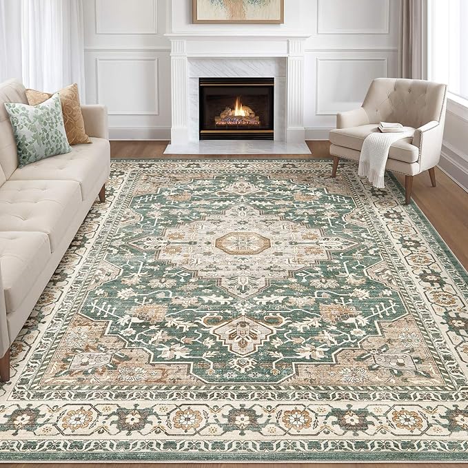 Green Rug Living Room Rugs: 10x13 Washable Boho Large Vintage Soft Stain Resistant Farmhouse Oriental Non-Slip Indoor Floor Carpet for Bedroom Nursery Kids Playroom Office Dining Room Home Decor