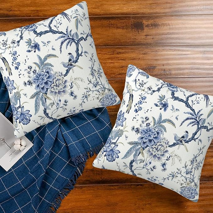 Chinoiserie Throw Pillow Cover Case Blue White Flowers Throw Pillows Set of 2 Super Soft Pillow Covers 20x20 Inches Farmhouse Home Decor for Living Room Bedroom Sofa Couch Cushion Cover