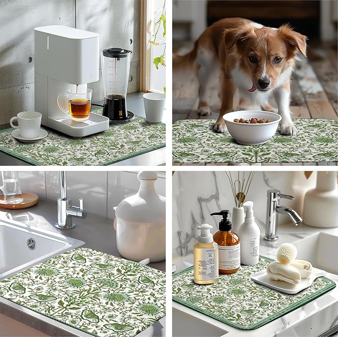 Green Floral Dish Drying Mat for Kitchen Counter 18x24 Inch Spring Summer - Image 7