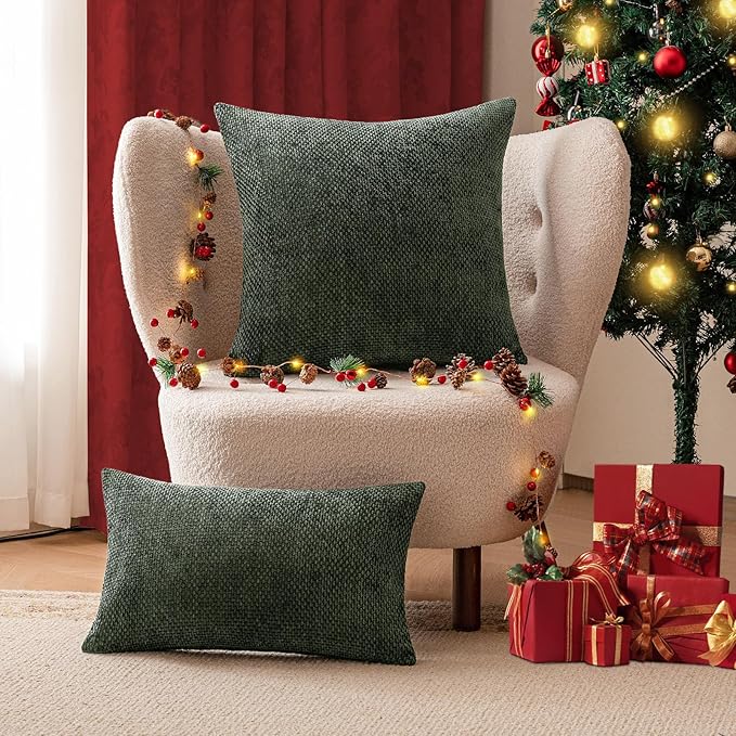a moment Christmas Dark Green Chenille Throw Pillow Covers 18x18 Inch Pack of 2 Modern Decorative Throw Pillow Covers Farmhouse Cross Covers Home Decor for Sofa Bedroom Living Room