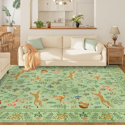 DUKINO 5x7 Rug, Washable Animal Living Room Rug with Non Slip Vintage Design, Soft Low Pile Large Carpet for Bedroom, Nursery, Dining Room, Farmhouse, Playroom, Light Green