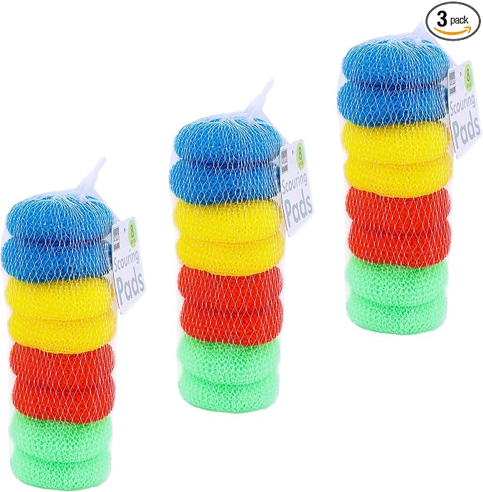 Pack of 24 Assorted Colors Round Nylon Dish Scouring Pads, Mesh Scourers by Handy+Helpers