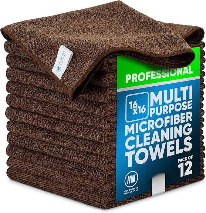 MW Pro Microfiber Cleaning Cloth | Brown | 12 Pack | 16” x 16” | Coffee by MicrofiberWholesale