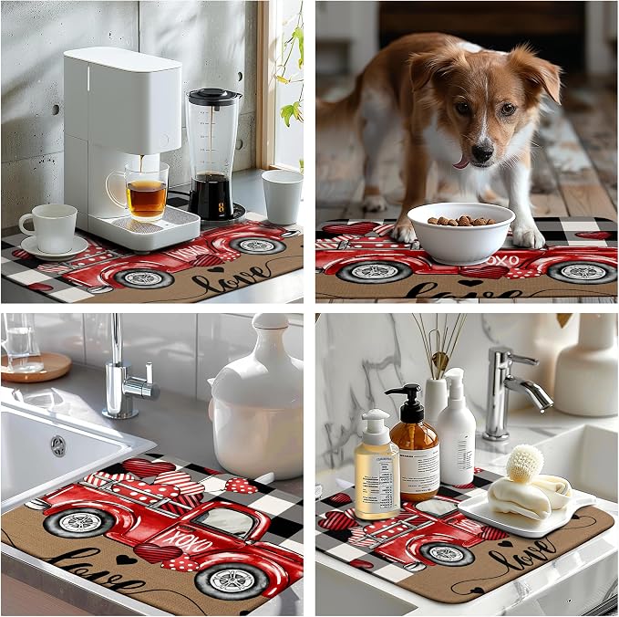 Valentines Dish Drying Mat Valentine Buffalo Plaid Hearts Kitchen Drying Pad - Image 7