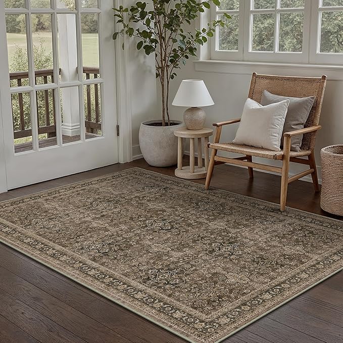 Area Rug 5x7 Brown Washable Vintage Living Room Carpetb Traditional Distressed Bedroom Indoor Soft Non Slip Large Rug Retro Thin Low Pile Floor Cover for Office Dining Room
