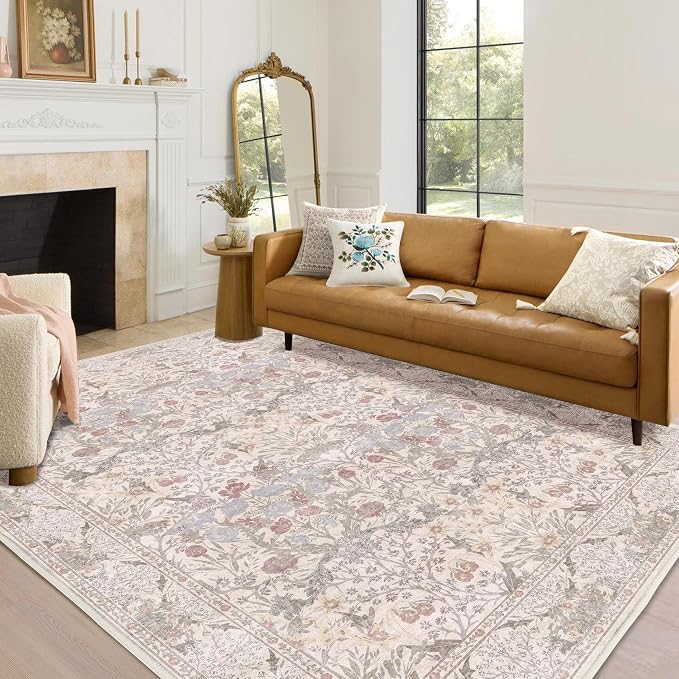 6x9 Floral Living Room Rug: Vintage Beige Washable Rug Floral Soft Carpet - Image 8