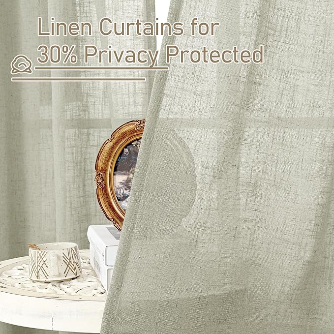LAMIT Sheer Linen Curtains for Living Room, Back Tab and Rod Pocket Curtains Light Filtering Country Rustic Farmhouse Drapes for Bedroom/Farmhouse, 2 Panels, 52 x 102 Inch, Sage Grey