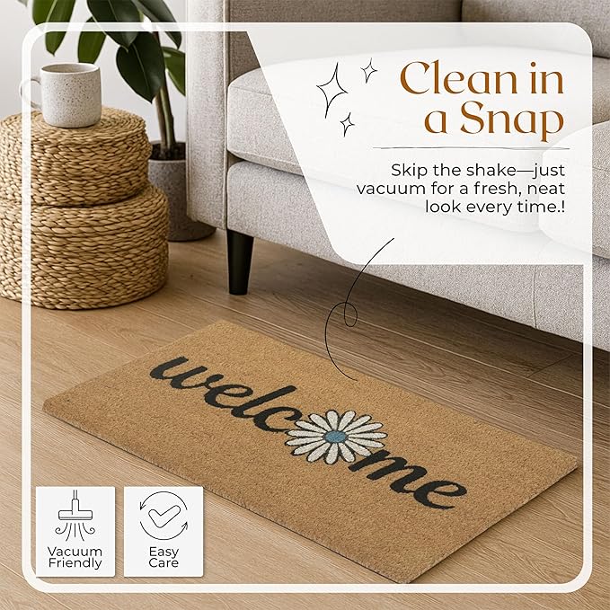 Coir Door Mats 17" X 30", Non-Slip Sturdy, PVC Backed Heavy Duty, Easy to Clean, Ideal for Door Entrance, Patio, Porch, Backyard, Garages, Welcome with Blue Daisy