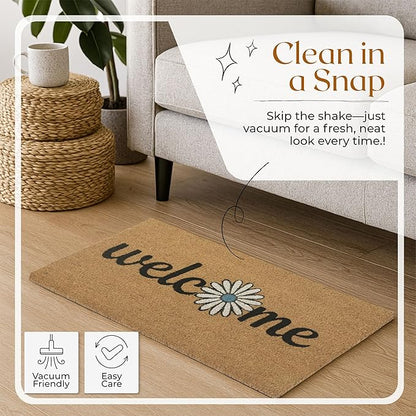 Coir Door Mats 17" X 30", Non-Slip Sturdy, PVC Backed Heavy Duty, Easy to Clean, Ideal for Door Entrance, Patio, Porch, Backyard, Garages, Welcome with Blue Daisy