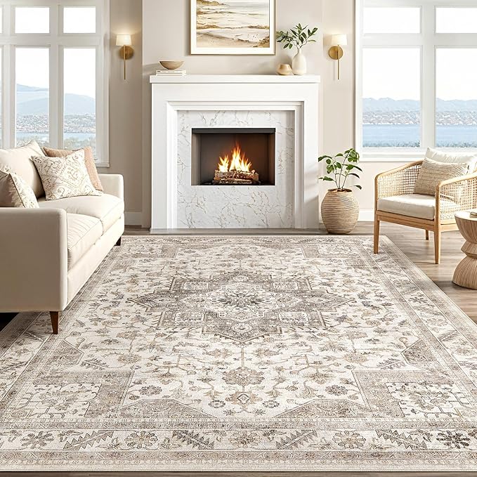 Vintage Living Room Area Rug 7x9 - Large Soft Washable Oriental Traditional Distressed Farmhouse Rugs for Bedroom - Indoor Floor Accent Carpet for Home Office House Decor - Light Brown