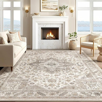 Vintage Living Room Area Rug 7x9 - Large Soft Washable Oriental Traditional Distressed Farmhouse Rugs for Bedroom - Indoor Floor Accent Carpet for Home Office House Decor - Light Brown
