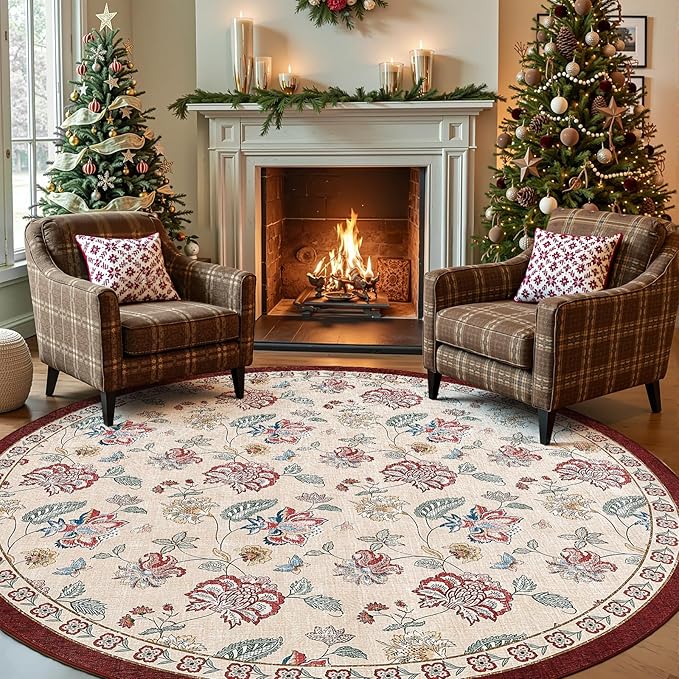 jinchan Elora 7ft Floral Round Rug for Washable Living Room Rug Vintage Romance Christmas Design Non Slip Indoor Floor Cover Lightweight Low-Profile Throw Carpet for Bedroom Porch, Red/Beige