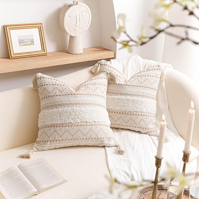 BlissBlush Decorative Throw Pillow Cover 20x20 Combo Set of 2 Square Cream Neutral White Boho Accent Pillowcase Tassels Farmhouse Cushion for Couch Sofa Bedroom Living Room Home Décor Cover ONLY