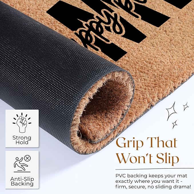Coir Door Mats 17" X 30", Non-Slip Sturdy, PVC Backed Heavy Duty, Easy to Clean, Ideal for Door Entrance, Patio, Porch, Backyard, Garages, Home is Our Happy Place