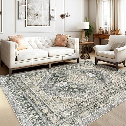 zesthome 5x7 Area Rugs - Ultra-Thin Washble Rug, Stain Resistant Anti Slip Backing Rugs for Living Room,Bedroom, Vintage Home Decor Area Rug (Wheat/Charcoal,5'x7')