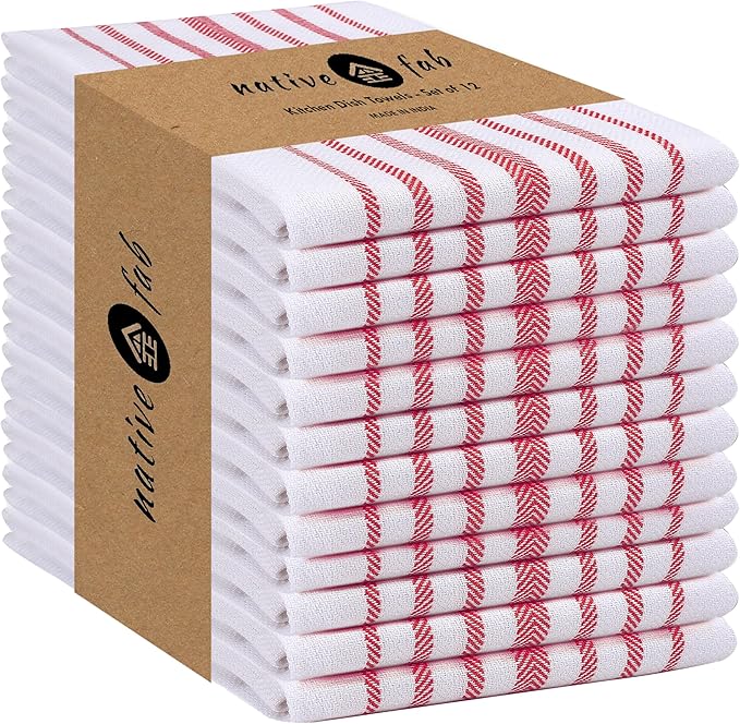 Native Fab 100% Cotton Kitchen Dish Towels 12 Pack Scandia Stripe 16"x26" by NativeFab