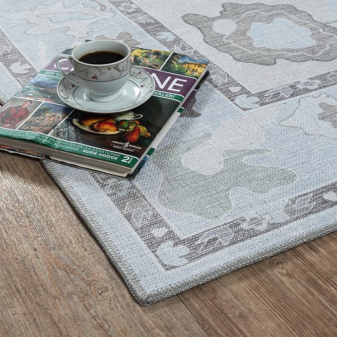 Fame Living Cream Beige Oushak Rug, Modern, Vintage, Turkish, Eclectic, Floral, Pastel, Washable, Area Rugs for Living Room, Dining, Bedroom, Nursery, Girls, Boys, 5'9"x8'9"