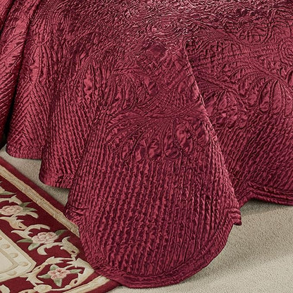 Touch of Class Portia Luxury Bedding | Rich Ruby Red | Premier Quilted Polyester Satin | Romantic Hand Guided Machine Quilted Scroll Design 3 Piece Set with King Bedspread and 2 King Shams